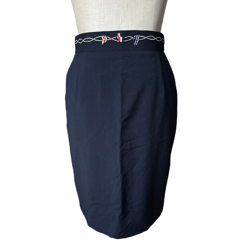 Les Copains Pencil Skirt Nautical Flags in Navy Blue Wool Size M/ 28" Vintage